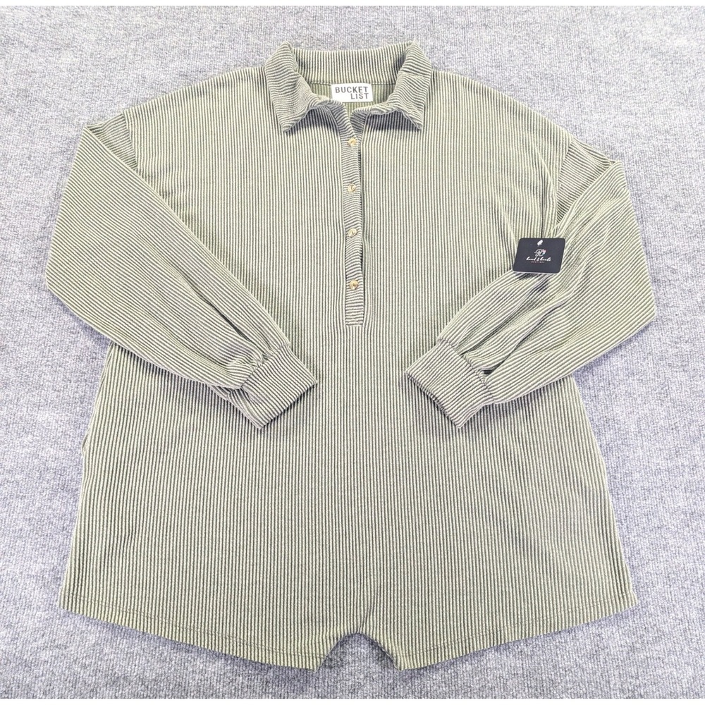 Bucketlist Olive Green Corduroy Knit Romper Long Sleeve Button Front Large NWT